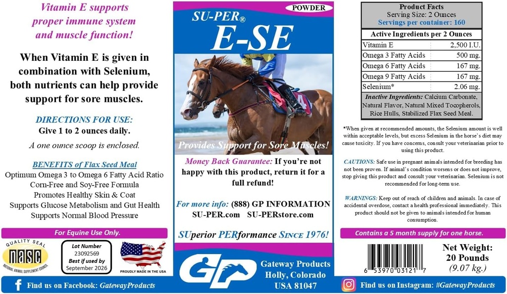 SU-PER E-Se 马匹抗氧化剂补充剂 - 维生素 E & Selenium for Sore Muscles Supports - 20英镑