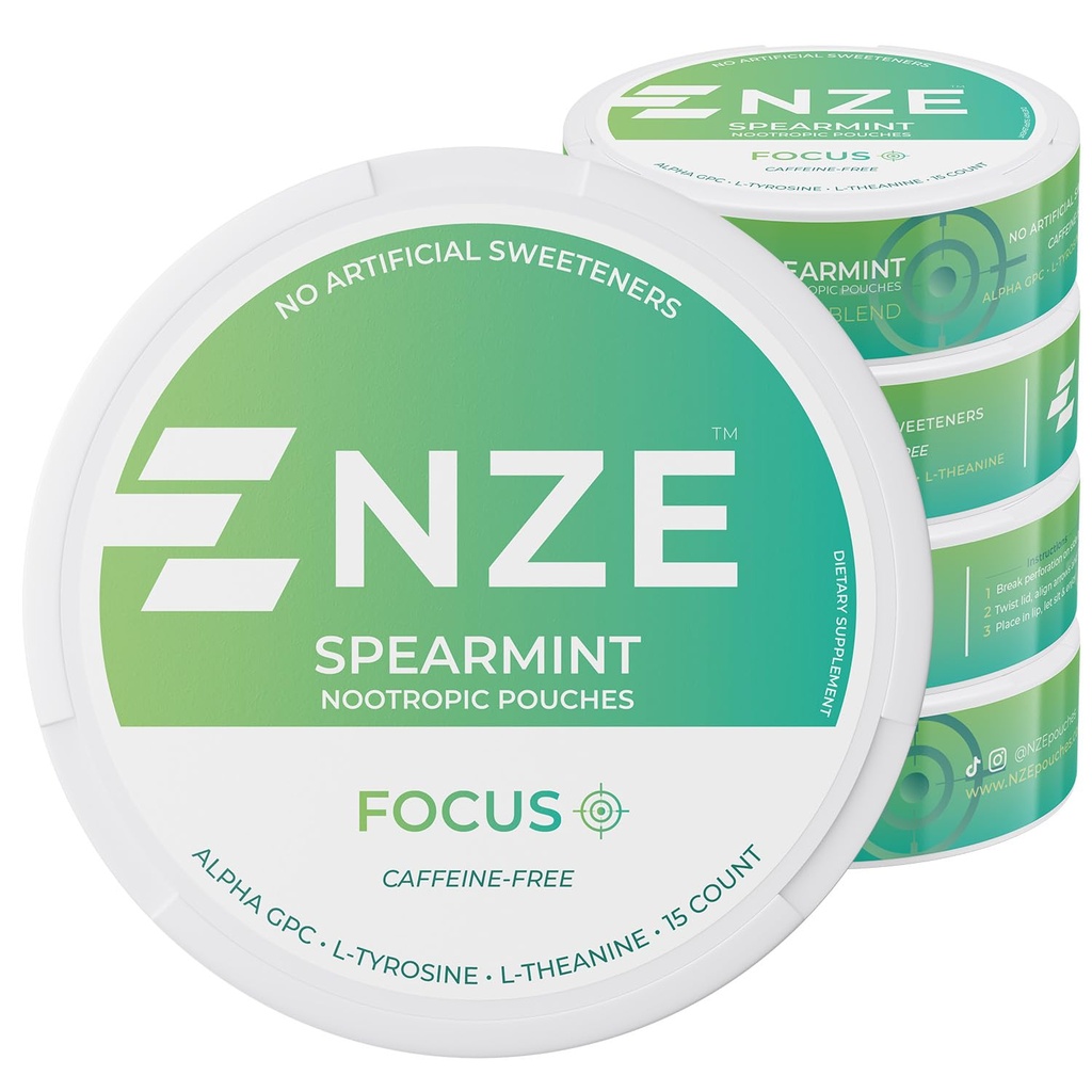 NZE Caffeine Free Nootropic Pouches (Spearmint) - Nootropic Pouches with Alpha GPC, L-Tyrosine & L-Theanine - No Sugar or Artificial Sweeteners - 15 Nicotine Free Pouches Per Can - 5 Pack