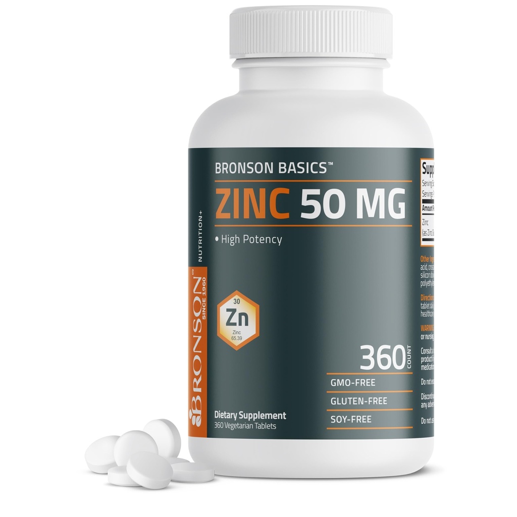 Bronson Zinc 50 MG 高潜力支持免疫,抗氧化剂和皮肤健康 - 非GMO,360蔬菜片