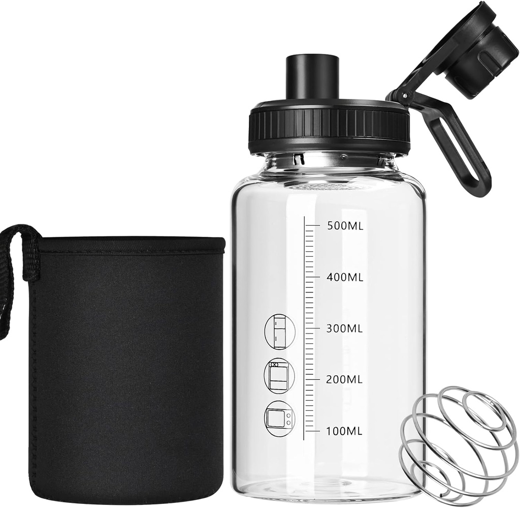 Glass Shaker Bottle, 22oz BPA- Free Odorless Shaker Bottle 配有 304 无色钢球和可移动清洗刷用于适合蛋白质混合(1Pack)
