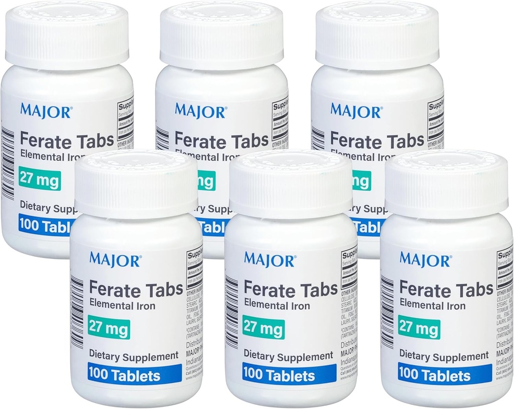 主要的27 mg Feate Tabs - Ferrous Gluconate 元素铁饮食补充 - 100个计数(6个包)