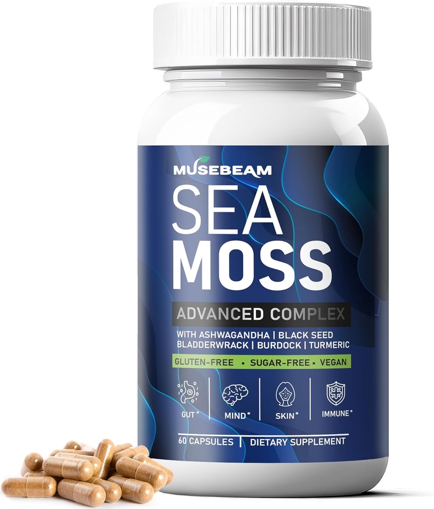 爱尔兰海 Moss 6000mg - 2000mg 黑种子油 Ashwagandha Burdock 根干姜 Capsules - 高级海莫斯 维生素多矿物复合物 补充药丸 供男性使用