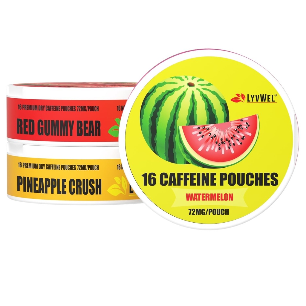LyvWel 72mg Cafeine Energy Pouches – 西瓜,红果熊,菠萝粉碎 – Juicy Clean Energy with Guarana – 3-Pack (48总袋)