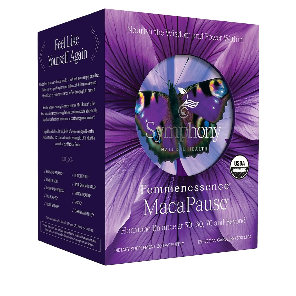 Femmenessence® MacaPause® – Clinically Proven Postmenopausal Organic Vegan Supplement for Natural Hormone Balance, Menopause Symptom Relief, Bone & Heart Health (120 Capsules, 30 Day Supply)