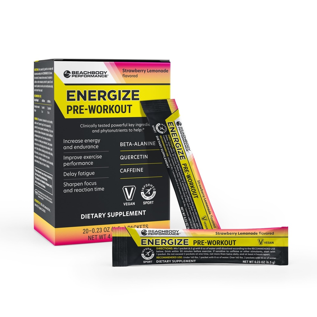 BODi Energize Pre Workingout Powder - Beta-Alanine, Quercetin & Low-Dose Cafeine 增强能量和焦点公式, 增加能量和耐力补充, 草莓柠檬汁火焰, 20棒