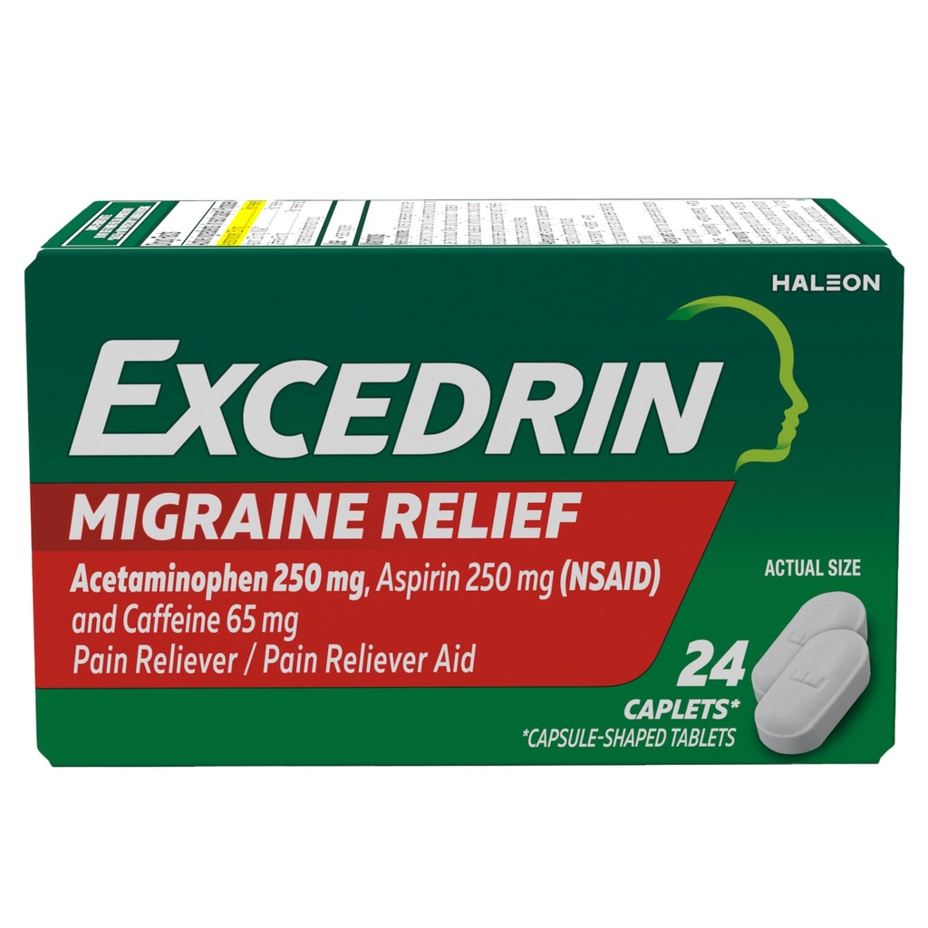 Excedrin Migraine Relief Caplets for Migraine Symptoms, Acetaminophen 250mg, Aspirin 250mg, Cafeine 65mg, Pain Reliever, 24 Counter