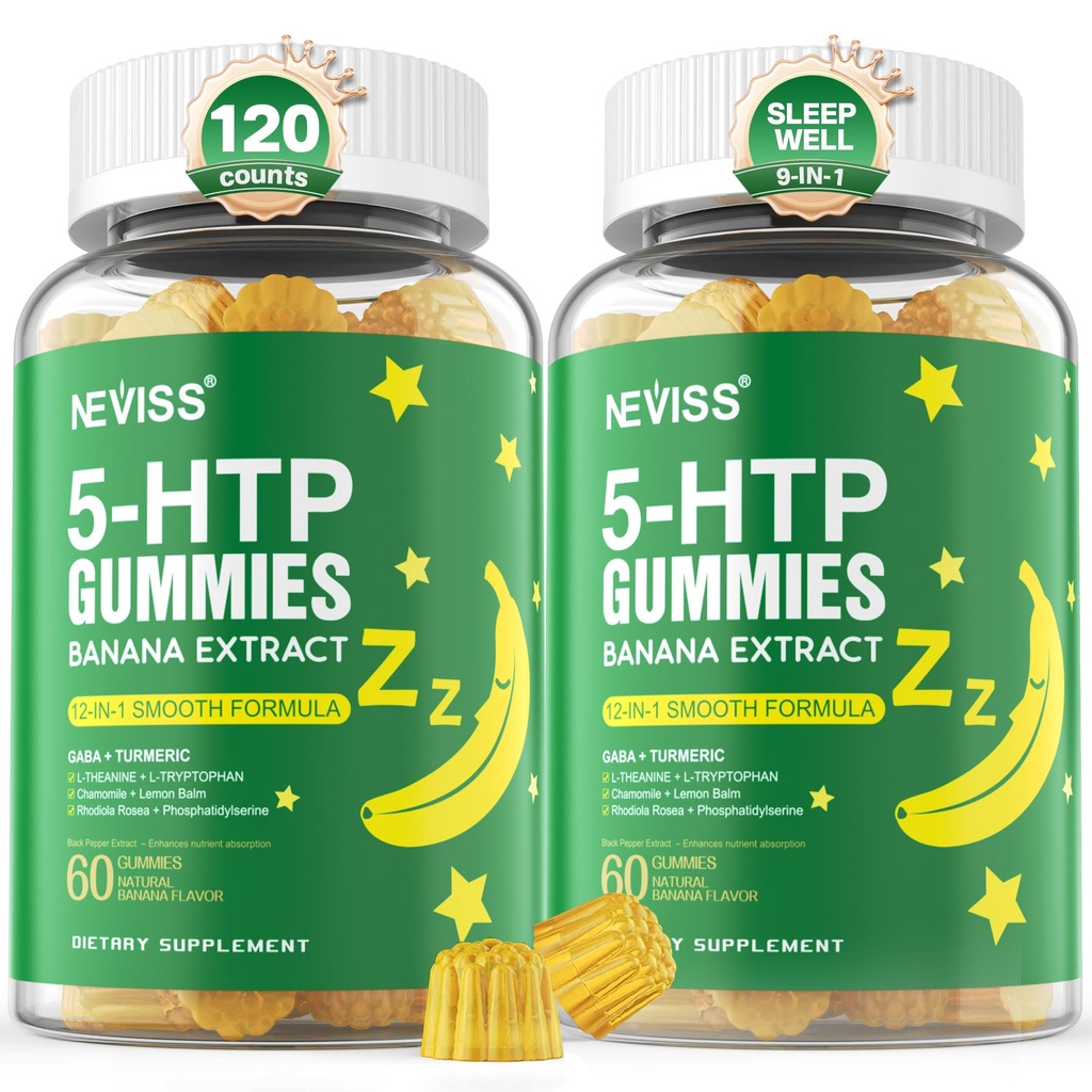 5-HTP Gummys + GABA - Melatonin Free - 放松加香蕉萃取剂的Gummys,L-Theanine,L-Tryptophan,用于健康休息循环和循环节奏的维生素D3,大脑功能和肌肉放松,包装2