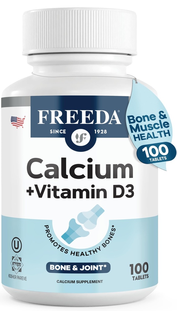 FREEDA Calcium 600 mg 配有维生素D3 400 IU – 基本骨骼支持补充 – Kosher, Gluten-Free, Easy-to-Swallow Conged Tables for Men & Men(100 Ct)