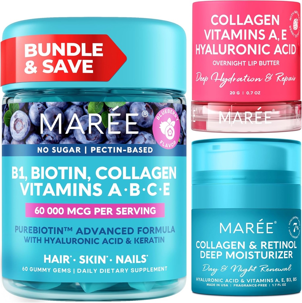 MAREE Bundle - 维生素B1 Thiamine Gummys, Lip Mask, Face Moisturizer - A, E, D, C 维生素 - Collagen & Hyaluronic Acid, Retinol - 复合物用于皮肤, 钉子, 头发 - 干唇 - 防老化