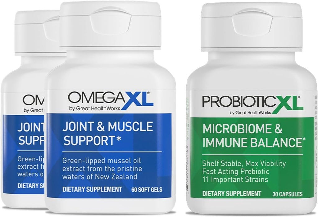 OmegaXL 强大的联合和肌肉支持 补充 60 计数(2 Pack) & Probiotic XL - PreforPro, DE111, 大陆架稳定 - 促进健康脂肪植物生长(30个蔬菜帽)