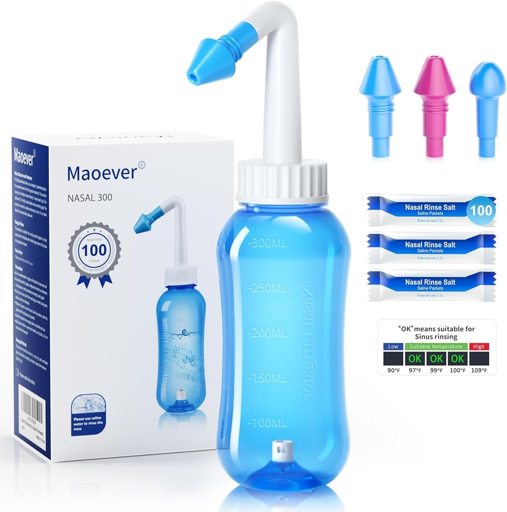 MAOEVER Neti Pot Sinus Rinse瓶装有100个鼻水洗盐包 鼻水洗净压力 鼻水洗净液灌溉 成人和孩子 BPA 免费 300 ML 装有粘贴温度计(蓝色)