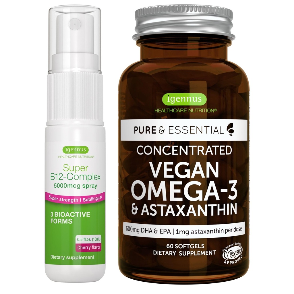 Vegan Omega-3 Algae Oil + Super B12-Complex 5000mcg Vegan Bundle, 高浓度 DHA & EPA + 高强度 B12樱桃火焰亚语言喷洒, 作者: Igennus