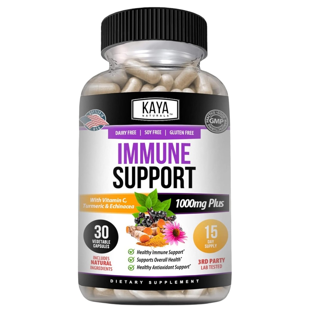Kaya Naturals Elderberry Immune 支持 成人用锌和维生素C的维生素,Probiotics和Turmeric 1000mg Immune System Booster Sambucus Capsules - 30 Counter