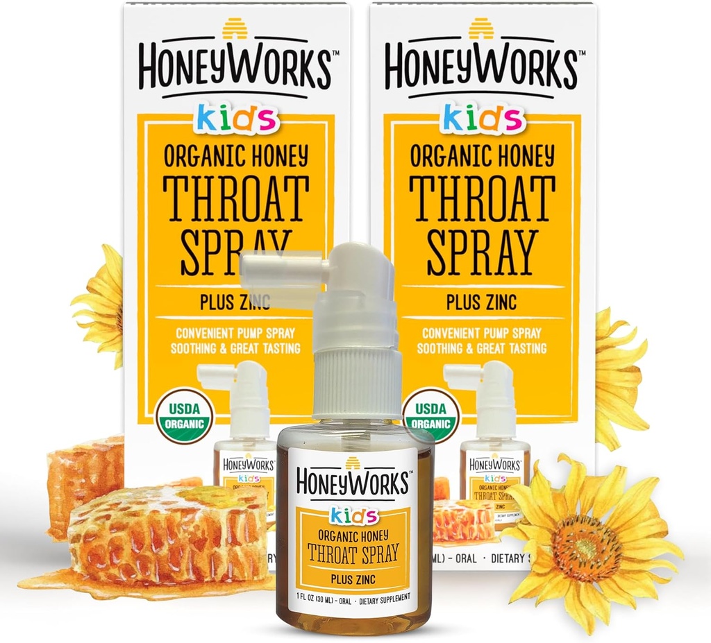 HoneyWorks Kids Throat Spray for Sore Throat Relief, 1 Oz (Pack of 2) Soothing 非GMO USDA 有机暗蜜+锌,快动作 Relief, 12个月+
