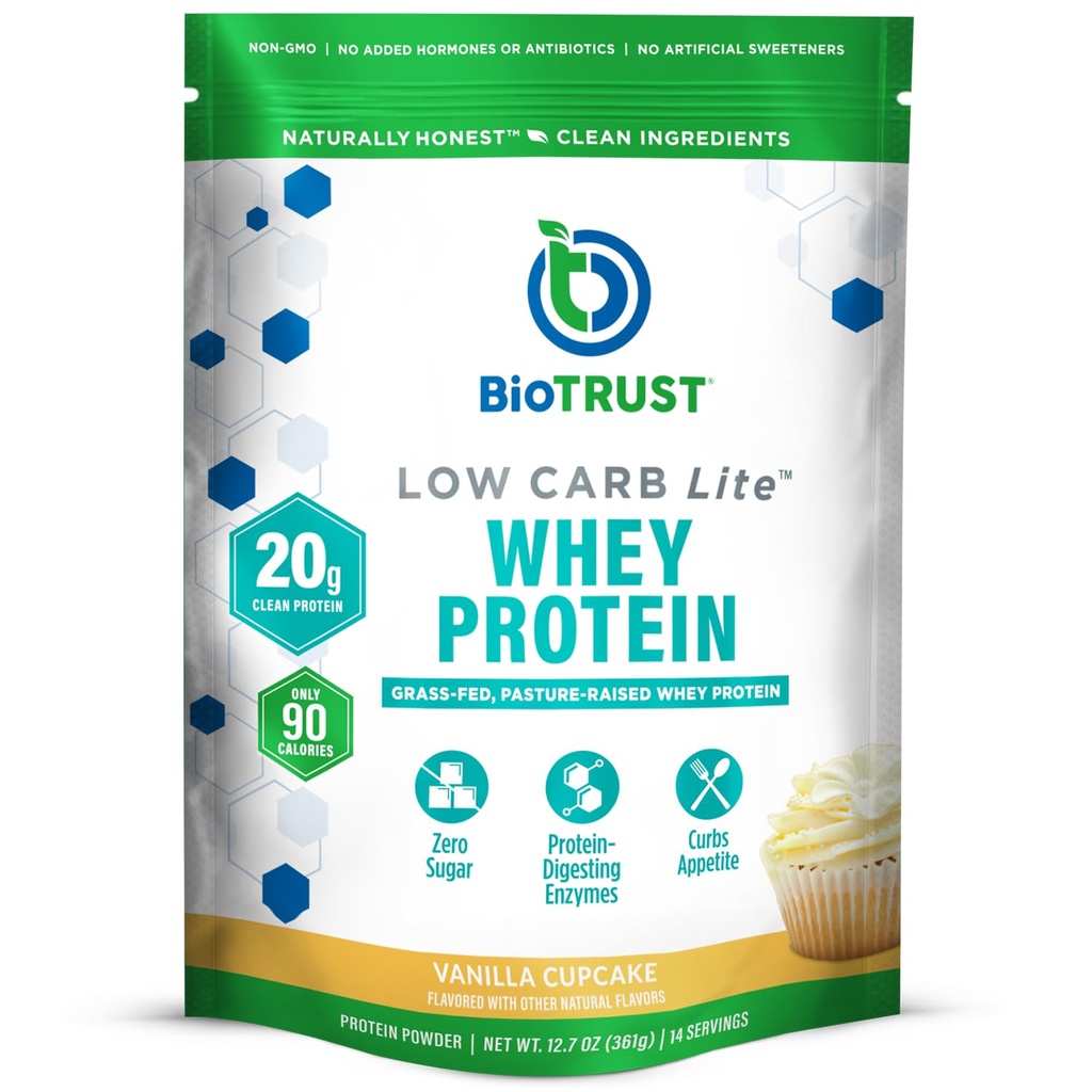 BioTrust Low Carb Lite, 20 grams of Grass-Fed Whey 蛋白质隔热酶, 100 Calories, ProHydrolase 消化酶, Non-GMO, Free from Soy and Gluten, rBGH- Free (14 services) (万尼拉杯蛋糕)