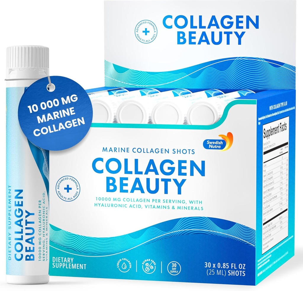Swedish Nutra - Collagen Beauty | 10,000 mg Hydrolyzed Marine Collagen Liquid Supplement - 30 x 25 ml Daily Shots | Hyaluronic Acid and Vitamin C to Support Healthy Hair, Skin, Nails | Sugar-Free