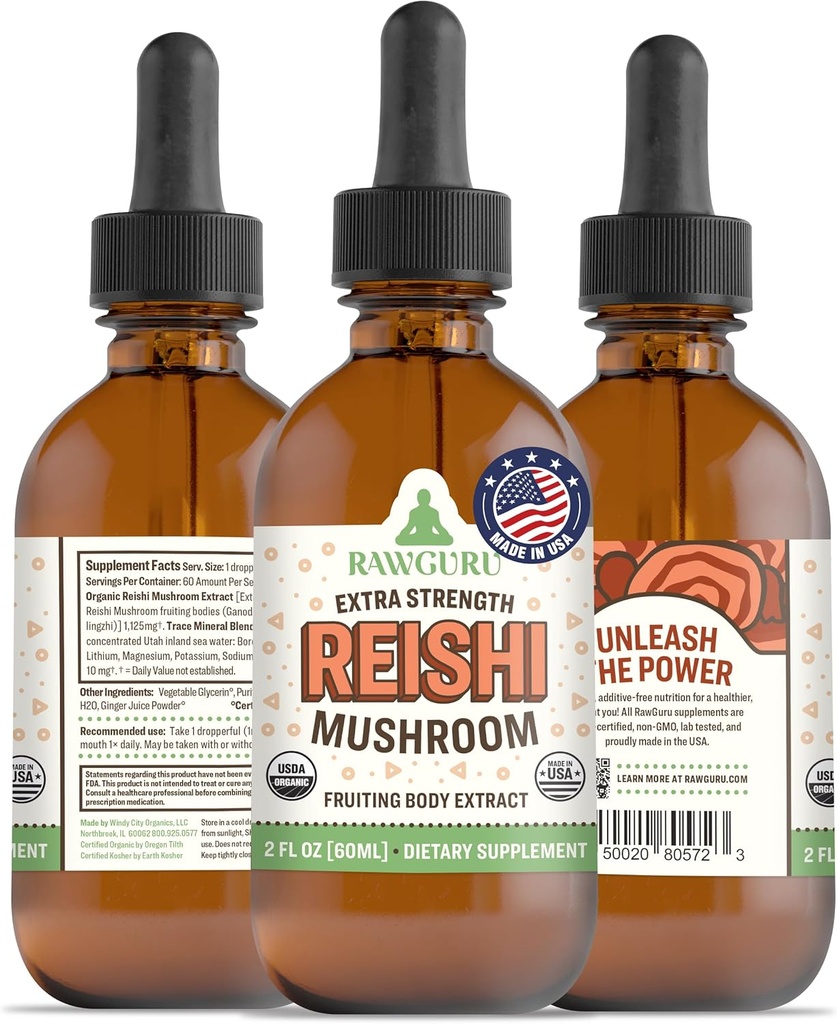 RawGuru Organic Reishi 蘑菇丁香 - Reishi 蘑菇丁香 - 天然履带矿物提取 - Nano-Processed Conceptive & Immune Supports - 60 services of Vegan Drops 每60毫升,包1