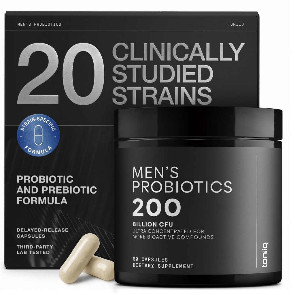 Toniiq Mens Probiotic with 20 Verifed Strains – 200 Bilion CHFU + 200mg FOS 预生 – Mens Probiotic for Gut Health – Cold-Chain & 延迟释放 – Lab 测试共生公式