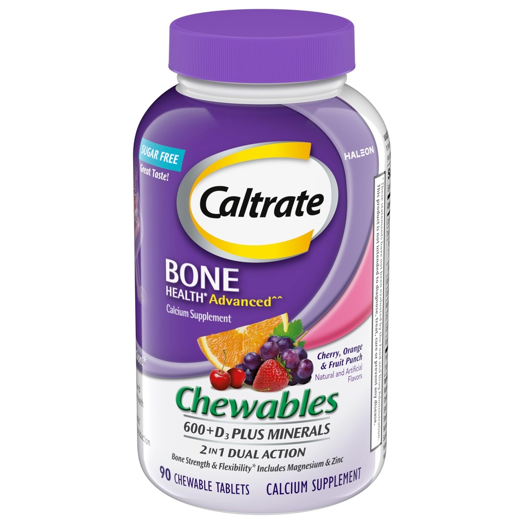Caltrate Chewables 600 + D3 Plus 矿物钙和维生素D,无糖,樱桃,橘子和水果冲刺,90 Counter