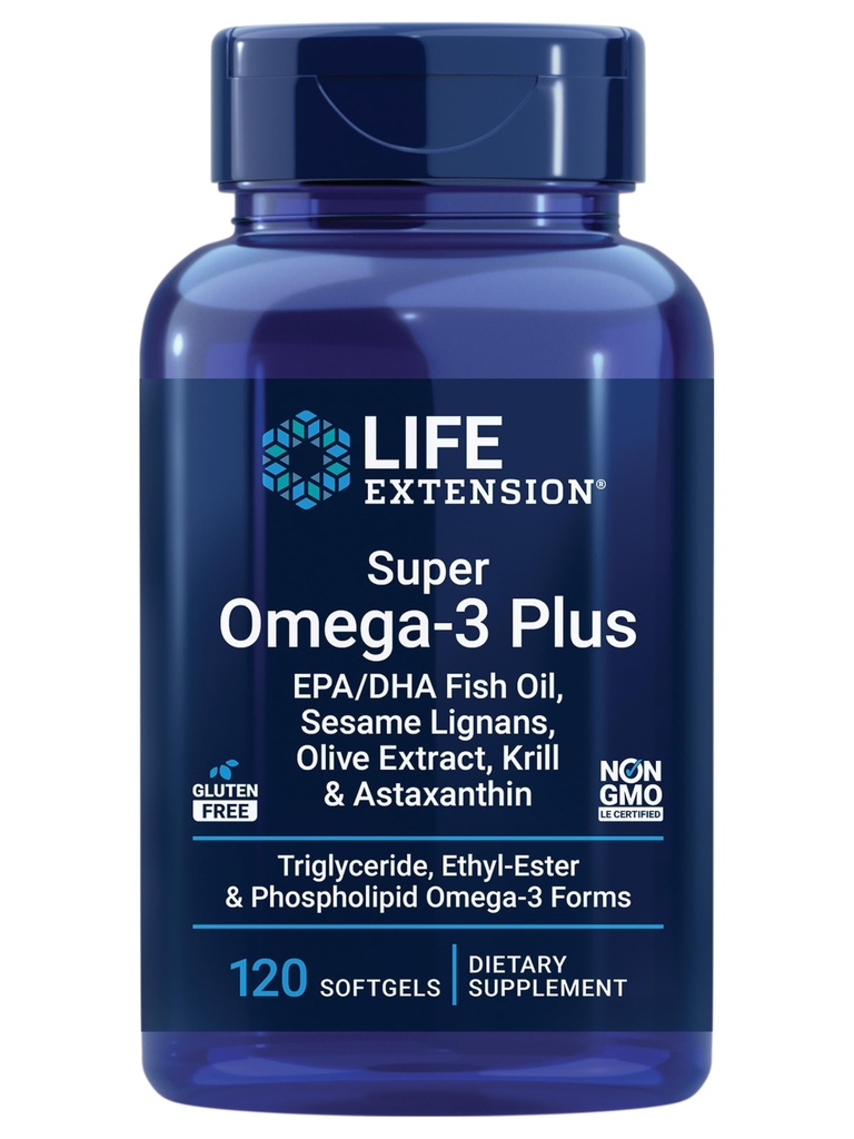 生命延伸 Super Omega-3 Plus EPA/DHA 鱼油、芝麻液、橄榄萃取剂、Krill & Astaxanthin -- -- 心脏、大脑和联合健康支助 -- -- 无糖、非GMO -- -- 120软胶