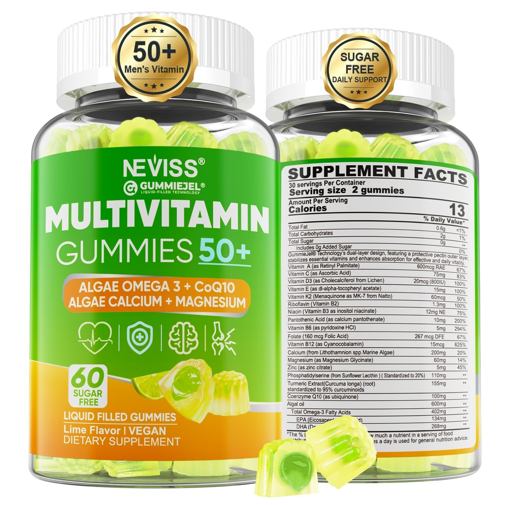 男子50++,无糖男子多维他明Gummys w/Omega-3,Coq10,D3k2,钙,镁,锌,维生素A,C & E,男子维生素HRt,抗氧化剂,脑,骨,60cts