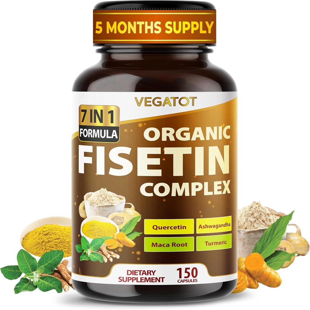 VEGATOT 有机菲塞廷综合体 7-in-1 公式 QQ 与 Quercetin, Resveratrol, Ashwagandha, Maca Root, Turmeric, 黑辣椒 150 Capsules QQ 非GMO, Gluten-Free