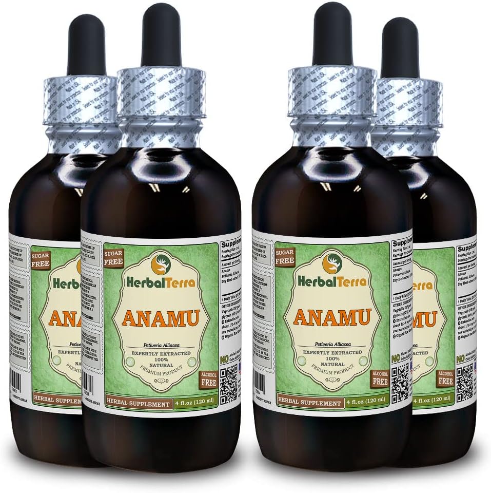 Anamu (Petiveria Alliacea) Glycerite, 干草醇-FREE液体提取剂(Brand name:Herbalterra, Proudly in USA) 4x4 fl.oz (4x120 ml) (英语).