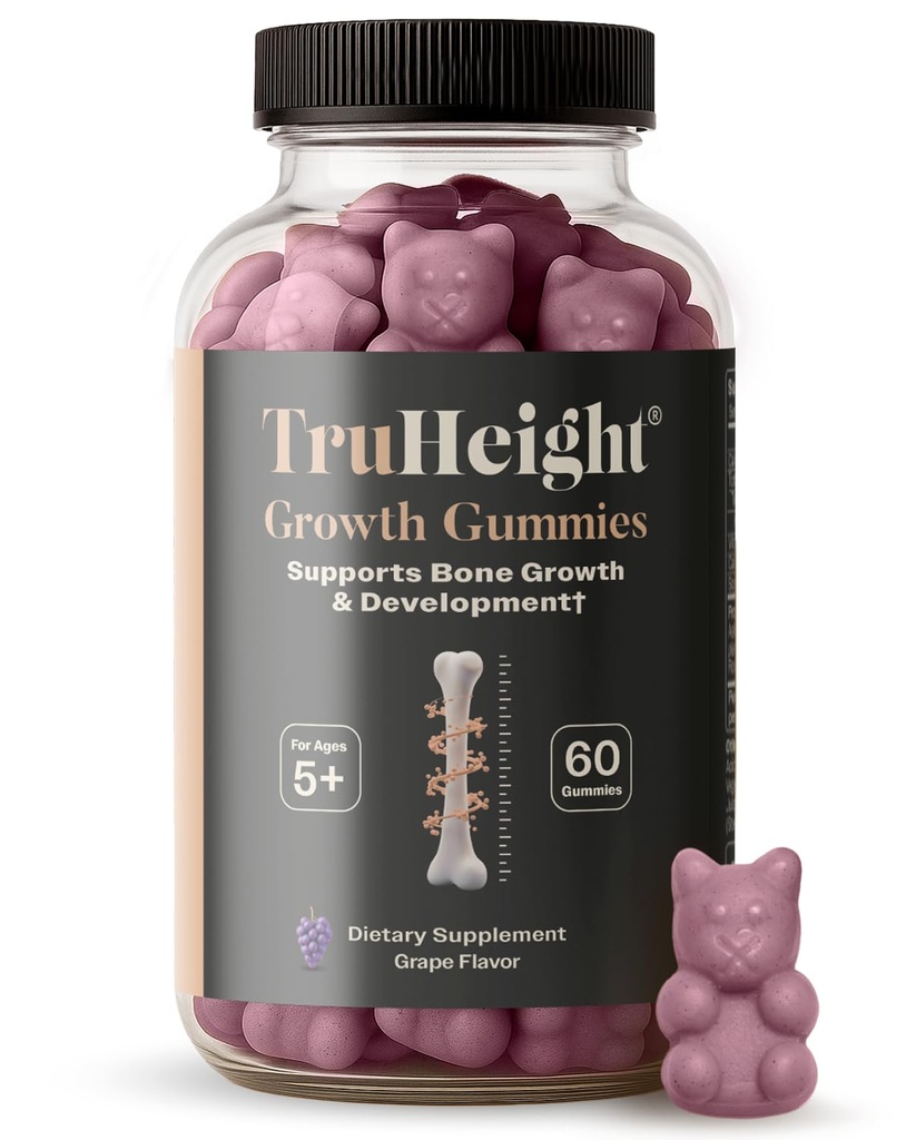 TruH8 Growm Gummys (Grape) 儿童与青少年的自然增长和发展补充剂 - 维生素D, K, Calcium & Ashwagandha - 骨强维生素 D3 K2 - 儿童食用小吃者维生素 - 年龄5岁以上