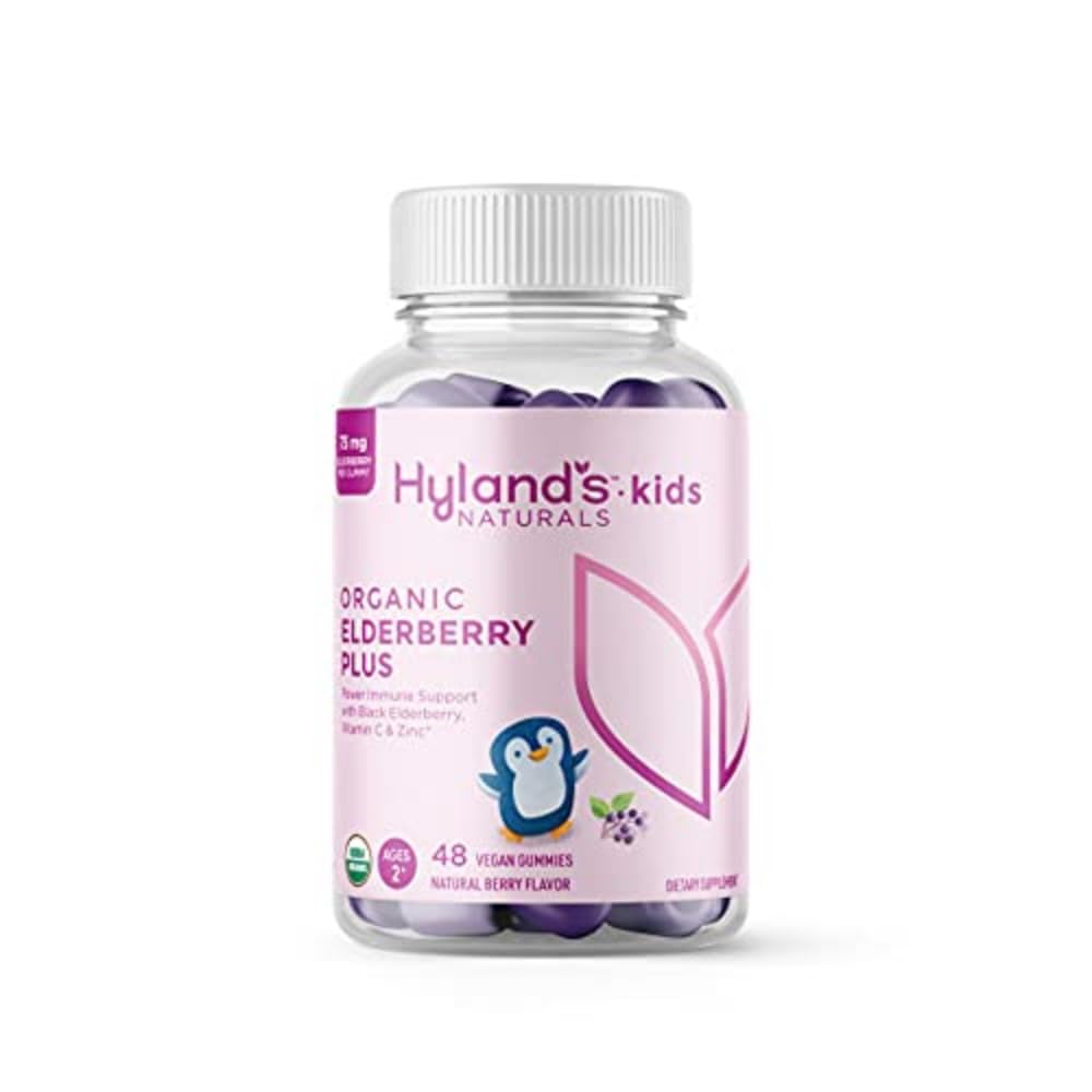 Hyland's Kids Organization Elderberry Plus Gummys,有机黑老莓配ZINC和维生素C,儿童免疫支助,48 Vegan Gummys