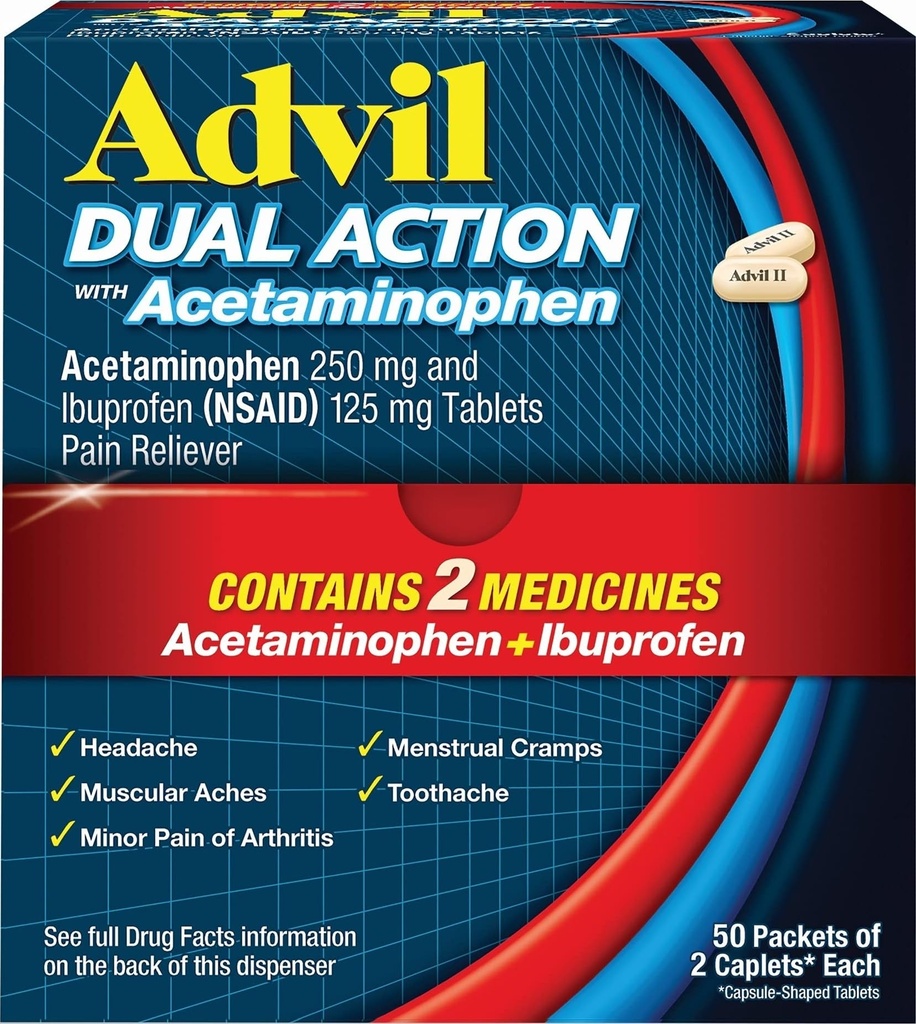 与乙酰氨基苯、250Mg Ibuprofen和500Mg Acetaminophen Per Dose(2个剂量等效)合在一起的双行动卡片,用于8小时止痛 -- -- 2个计数x50