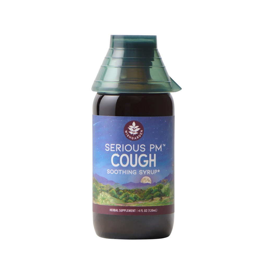 WishGarden Herbs serious Cough PM Soothing Syrup - 天然的草药晚间咳嗽剂 成人用Mullein leaf 镇定咳嗽,规范穆克斯生产,支持休眠,4oz