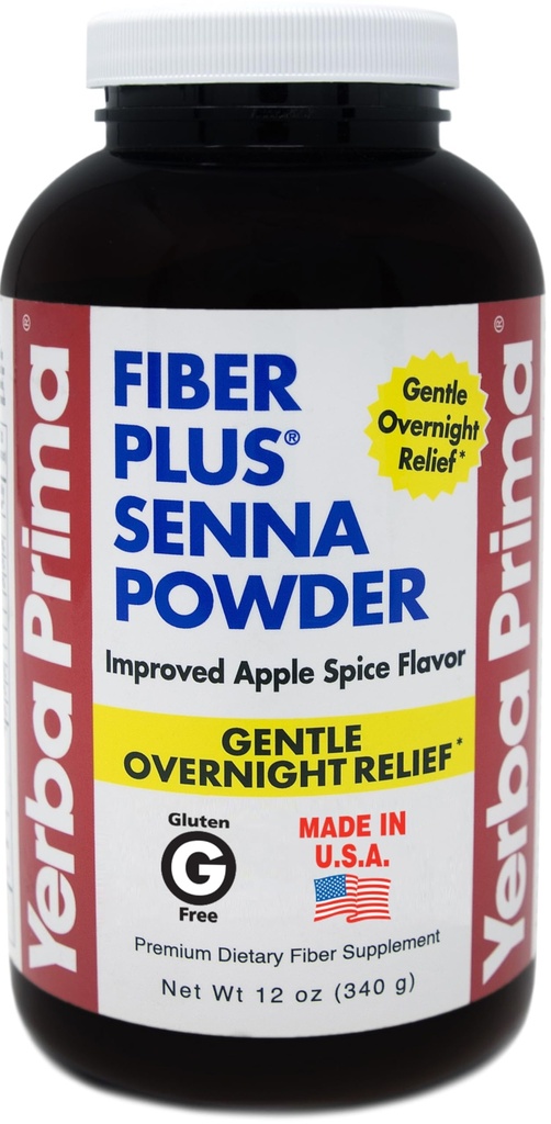 Yerba Prima Fiber Plus Senna Powder, 12 oz (Pack of 1) - 苹果辣椒火焰, 晚间温馨救济, 美国制造, 非GMO, Stevia Sweeted, 短期使用以恢复正常性