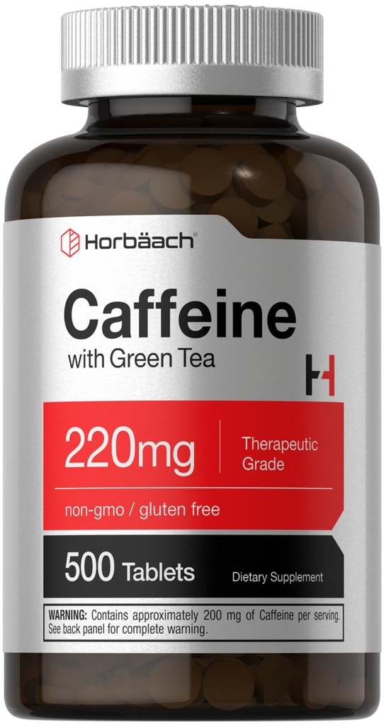 Horbäach Cafeine Pills 220mg 配绿茶 | 500平板 | 蔬菜,非GMO和Gluten Free