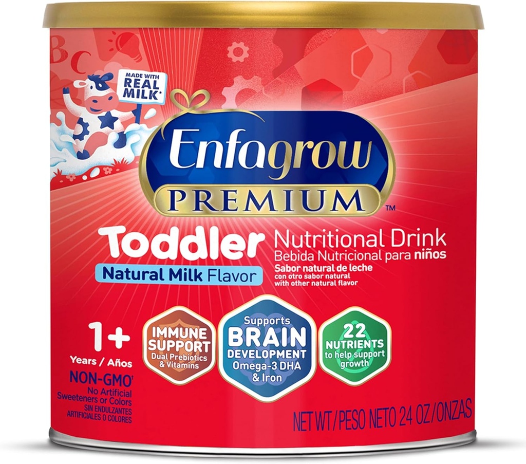 Enfagrow PRIMIUM Toddler 营养饮料,用真正的牛奶制造,脑建材Omega-3 DHA,生长和免疫支持营养素和先生药物,N-GMO,Toddler 奶粉,24 Oz Can