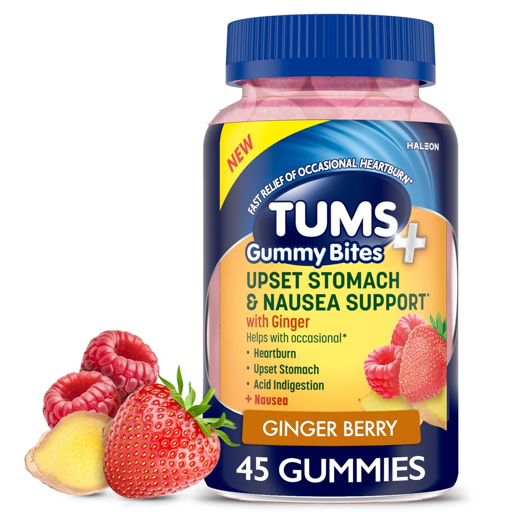 TUMS Plus Upset 胃和肠胃支持,饮食补充,姜贝瑞 - 45 Counter