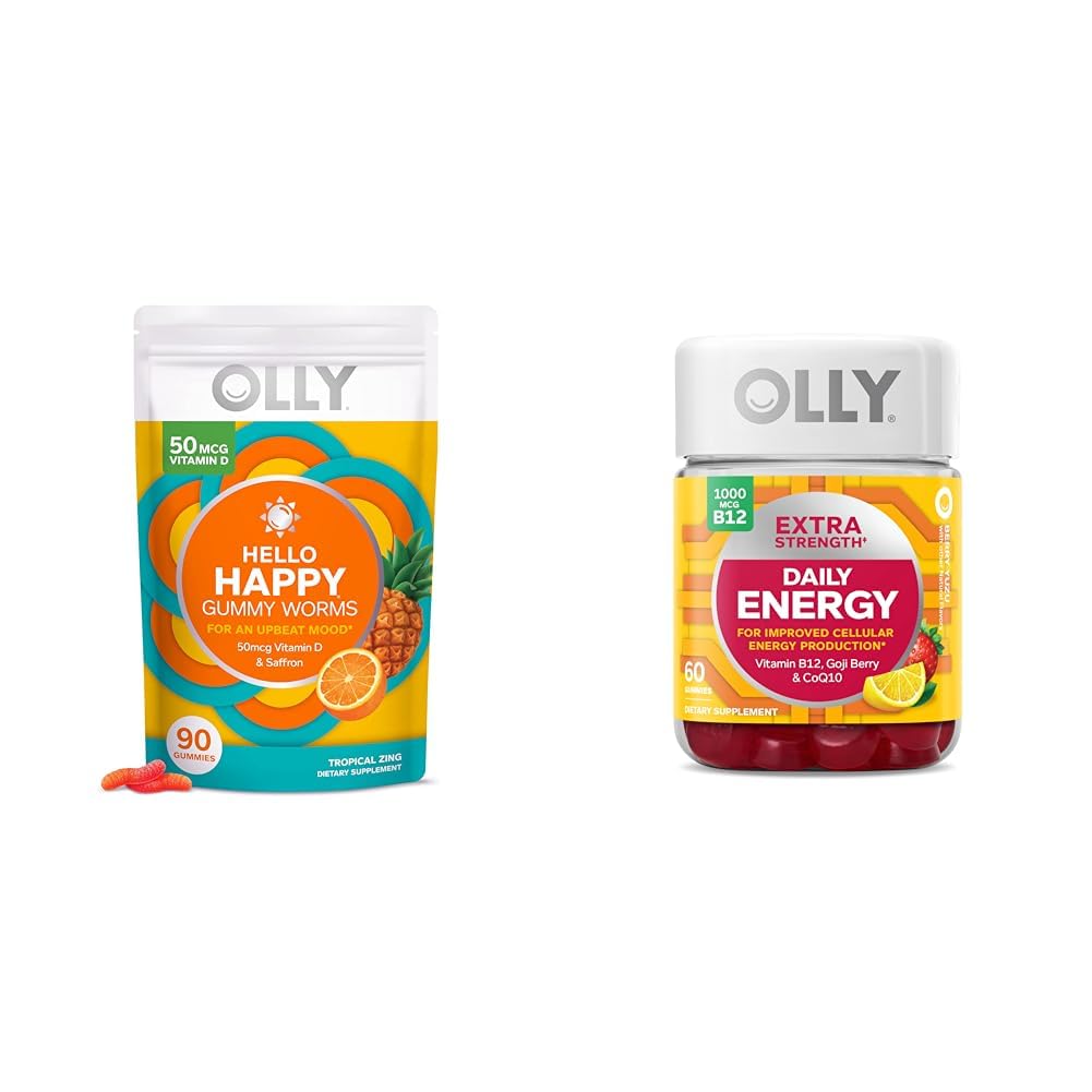 OLLY Hello Happy Gummy Worms, Mood Balance Support, Vitamin D, Saffron, Adult Chewable Supplement & Extra Strength Daily Energy Gummy, Caffeine Free, 1000mcg Vitamin B12, CoQ10, Goji Berry