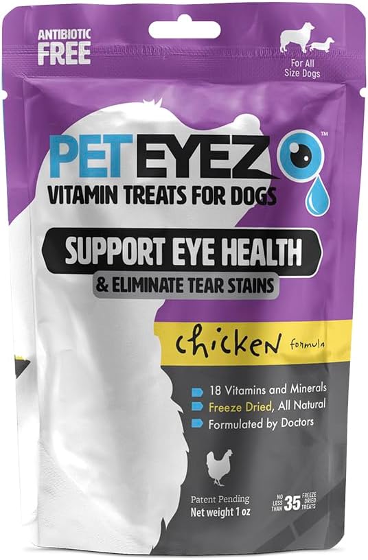PetEyez Tear Stain 对狗的维生素治疗 - 支持眼部健康并减少痒痛和泪水积聚 - 100%天然狗治疗 w/Superfoods,抗氧化剂和营养剂 - Chicken Flavor - 1oz