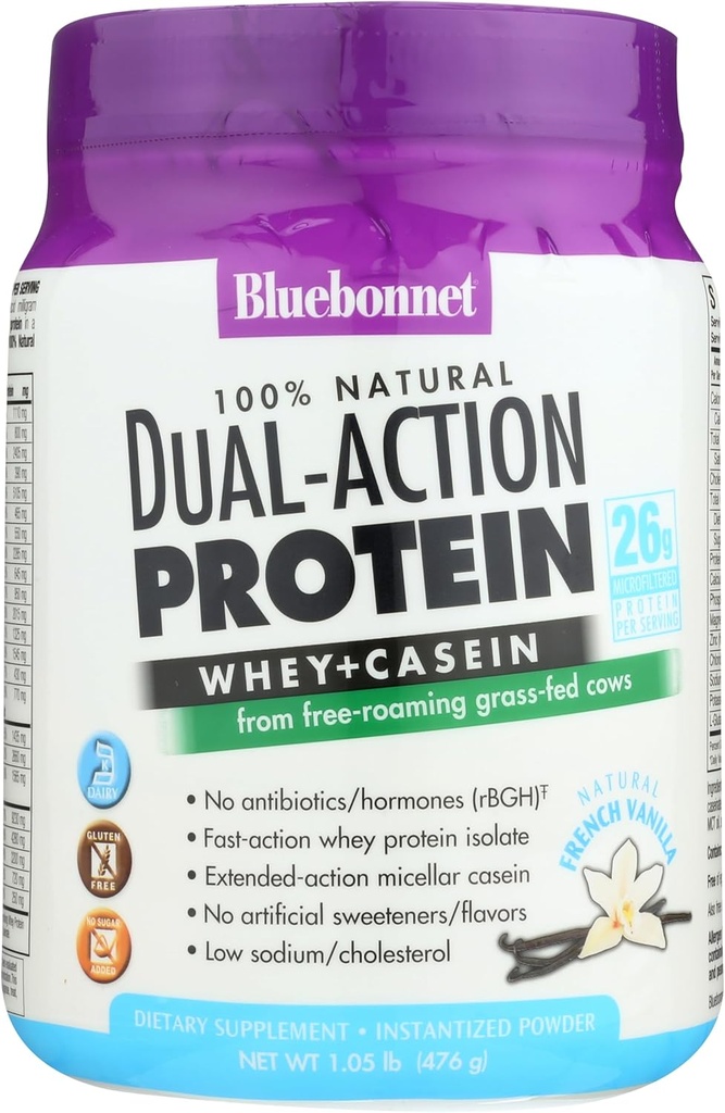 蓝本网 营养 双行动 蛋白粉,来自草药牛的Whey,无糖添加,非转基因生物,Gluten & Soy Free,Kosher乳品,法国香草香草,Off-white,16.8 Oz