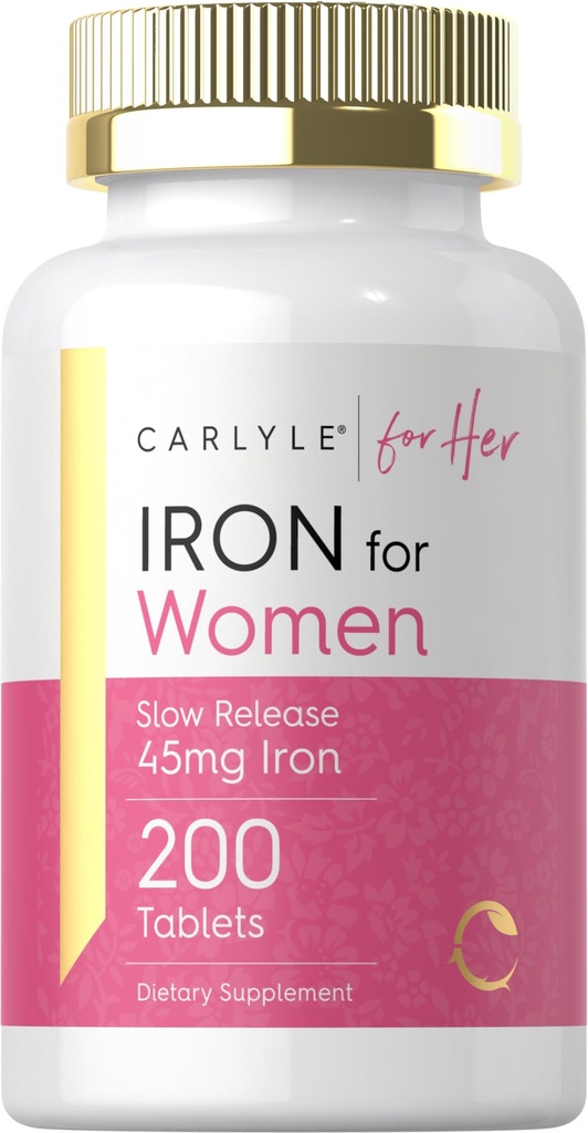 女性卡莱尔铁补品 | 45mg | 200 慢释板 | Vegetarian, Non-GMO, Gluten Free Pills | 为她准备的