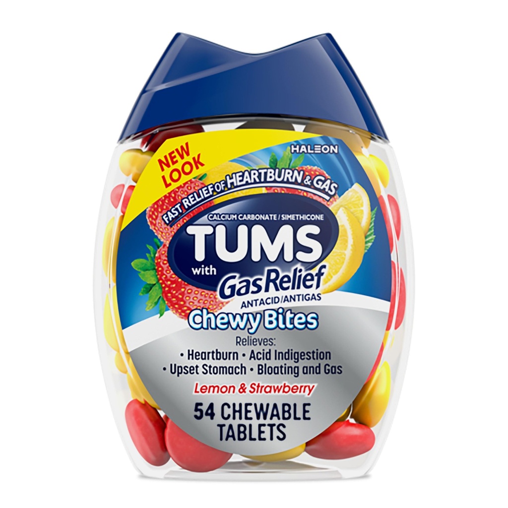 TUMS Chewy Bites Chewable Antacid 药片与气体救济,柠檬和草莓 - 54 Counter