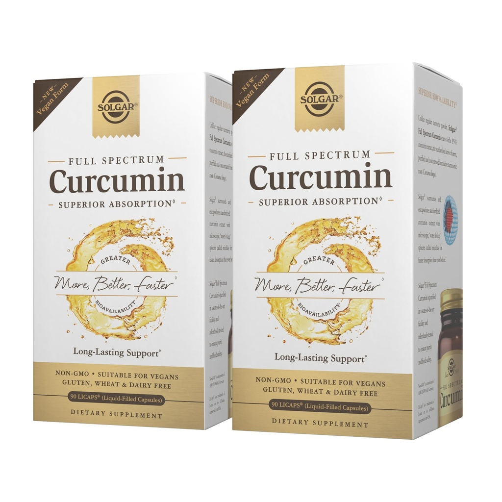 Solgar Full Spectrum Crucumin - 90 Licaps, 包2 - 高级吸收 - 大脑,联合和免疫健康 - 非GMO, Vegan, Gluten Free, 乳品免费 - 180 总服务