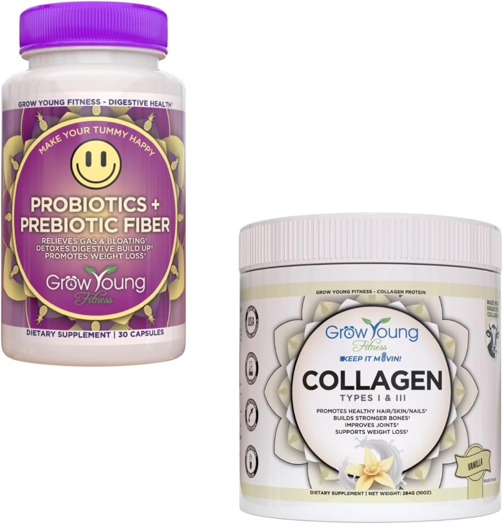 培养年轻健身 Probiotic and Vanilla Collagen - 支持消化健康并促进皮肤和骨骼 - (1) 30-Pack of Probiotics + 12.4oz of Vanilla Collagen Powder