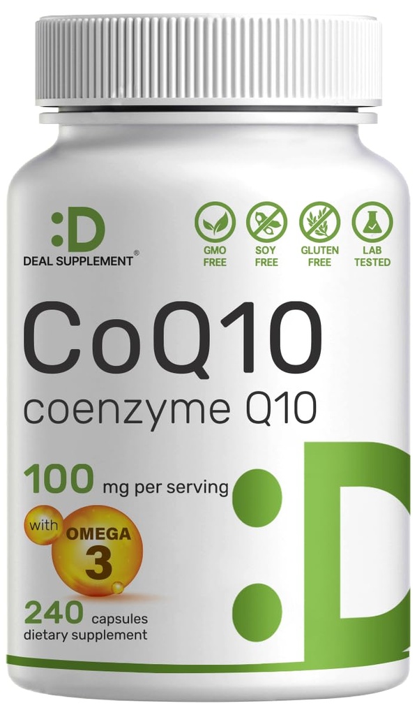 DEL supplement CoQ10 100mg 配 Omega 3 100mg, 240 capsules → 生物可用 Coenzyme Q10 公式 → 非 GMO