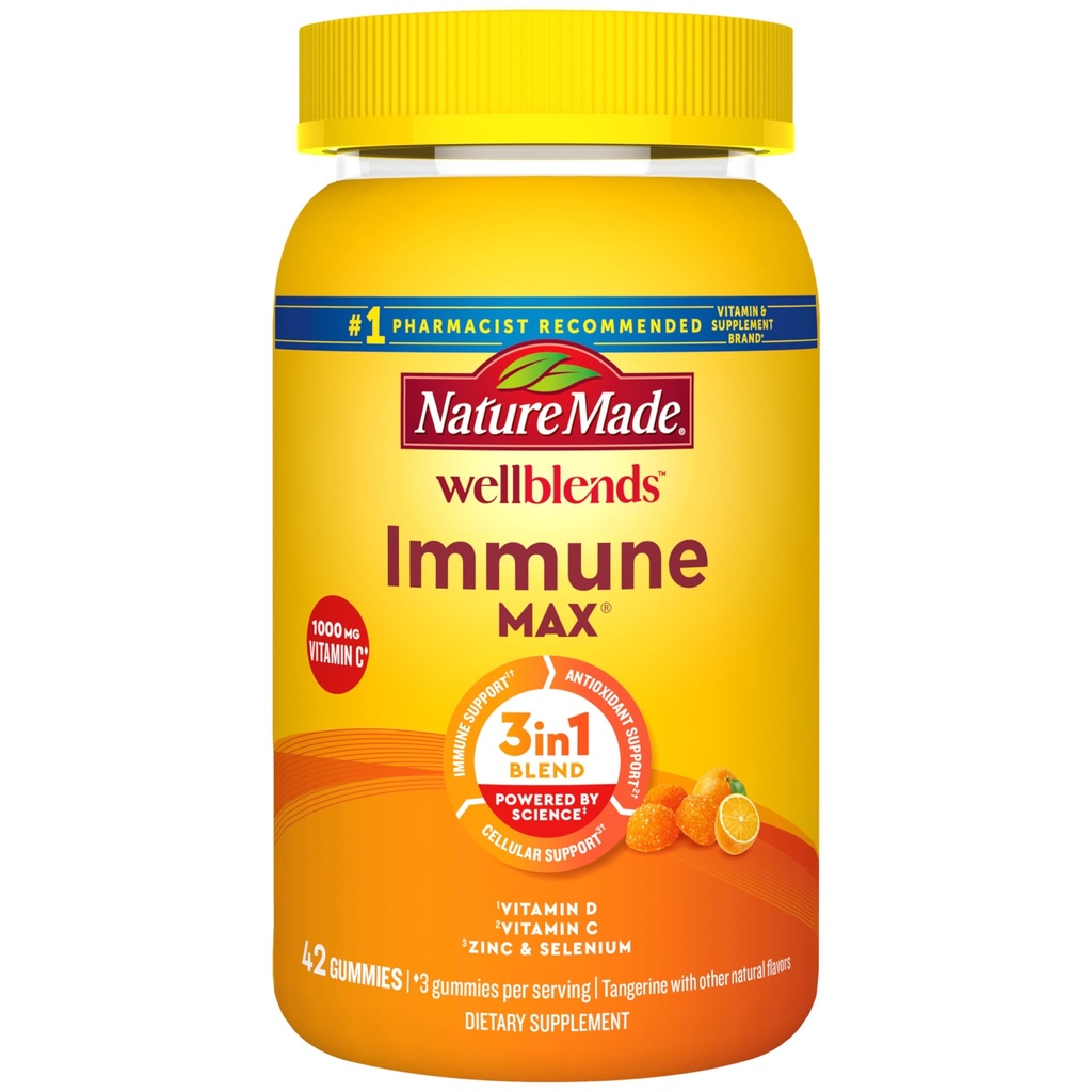 Nature Made Wellblunds ImmuneMAX Gummys,维生素C 1000mg + 锌,硒,和维生素D35000 IU,Immune支助补编,42 Gummys