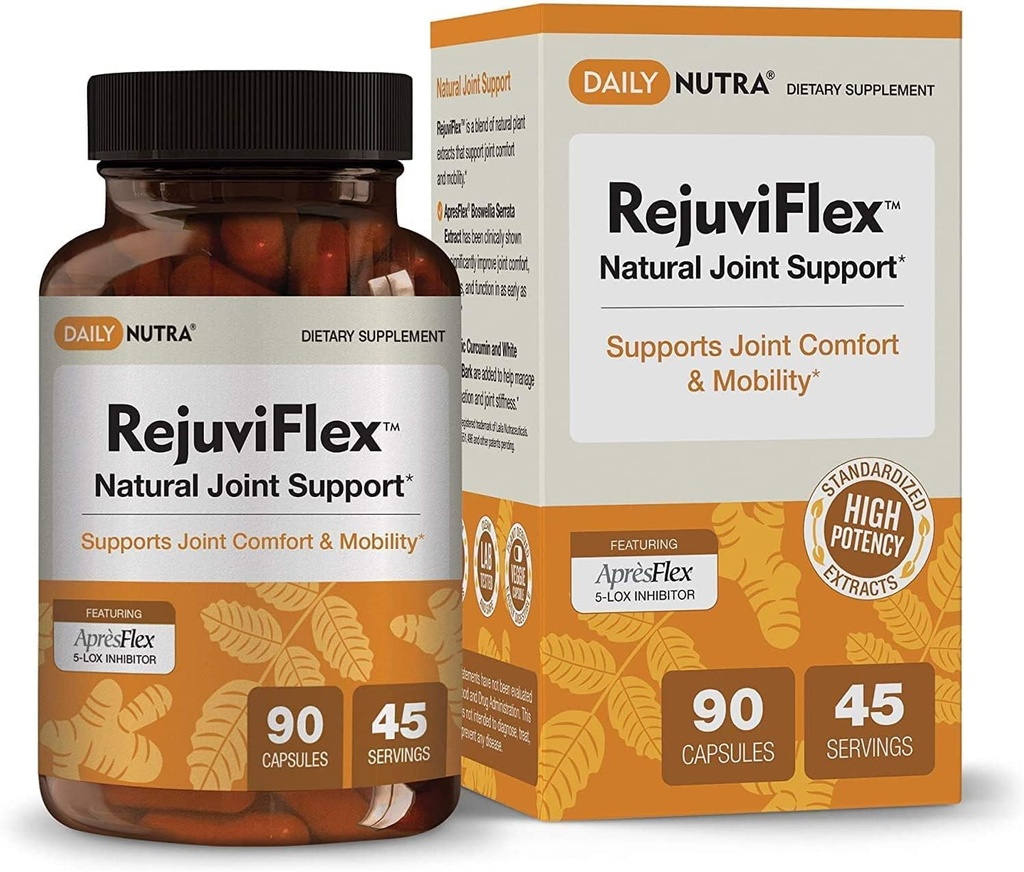 RejuviFlex - 自然联合补编 w/ ApresFlex Boswellia AKBA, Turmeric Curcumin, Piperine & White Willow Bark - 用于手的功能,膝盖,整体联合健康(90 Capsules)