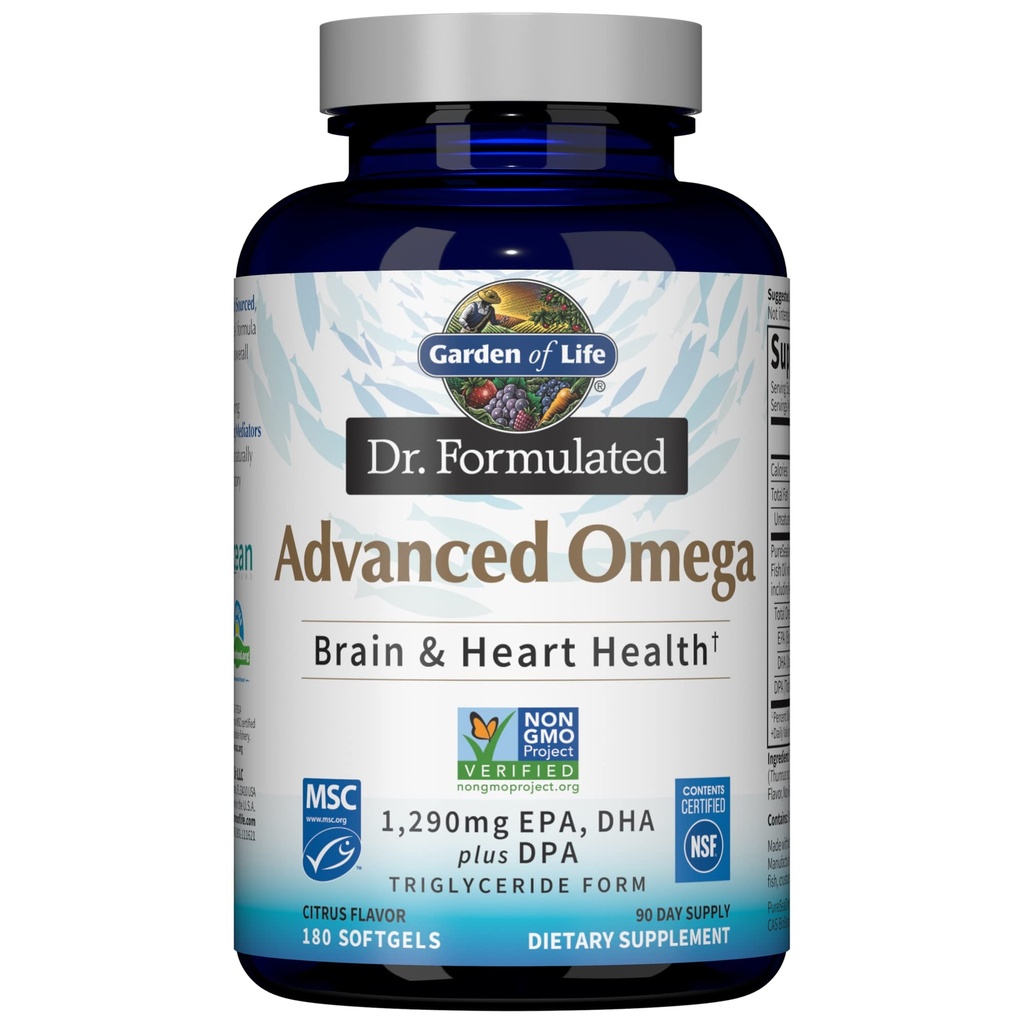 " 生命花园 " Dr. Formulated Advanced Omega Fish Oil - Lemon, 1,290mg EPA, DHA + DEA in Triglyceride Form, 单源Omega 3 绝缘大脑和心脏健康补编,非GMO,180 Softgels
