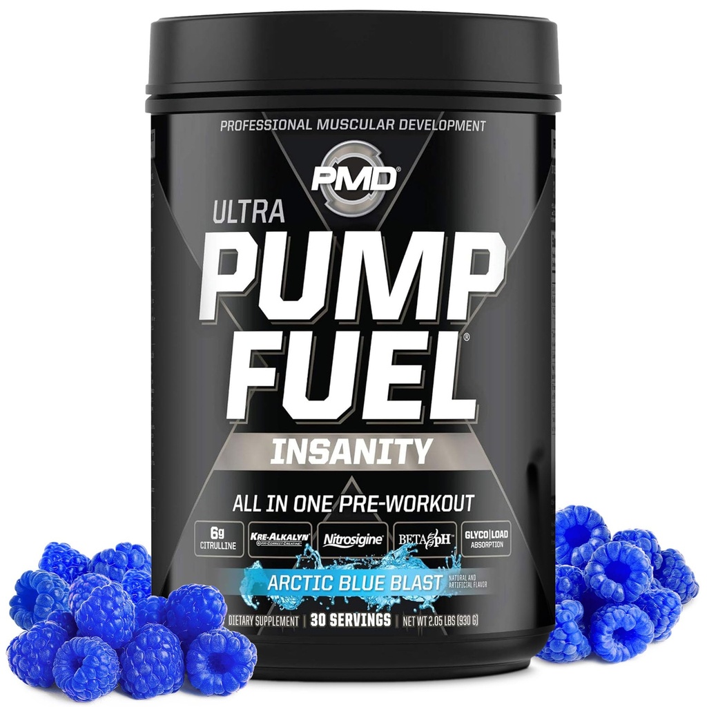 PMD 运动泵燃料 Ultra Insanity - Premium Prewout Powder & Muscle Pumn, 更聚焦,耐力和复苏,Premium Creatine, Arginine & Beta Alanine - 北极蓝爆(30架)