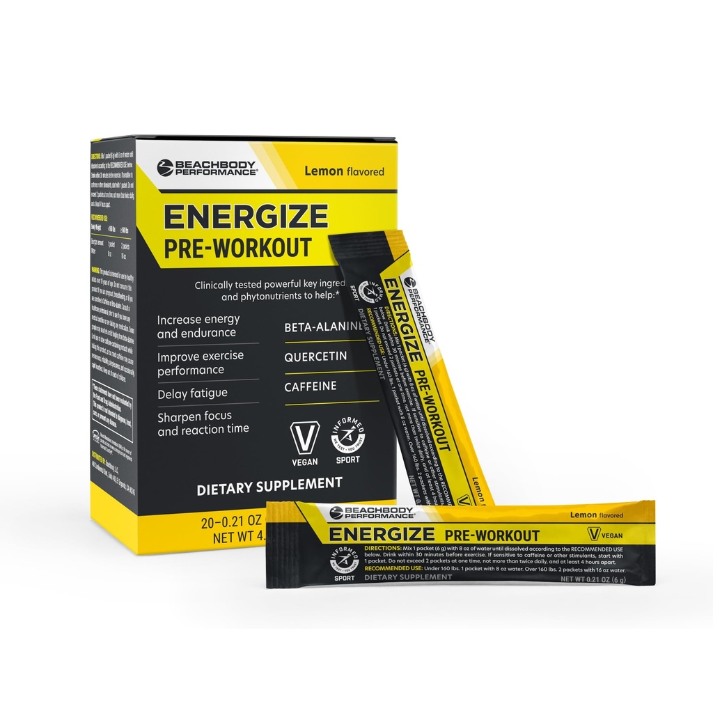 BODi Energize Pre Workingout Powder - Beta-Alanine, Quercetin & Low-Dose咖啡因增强能量和焦点公式, 增加能量和耐力补充, 柠檬火焰, 20棒