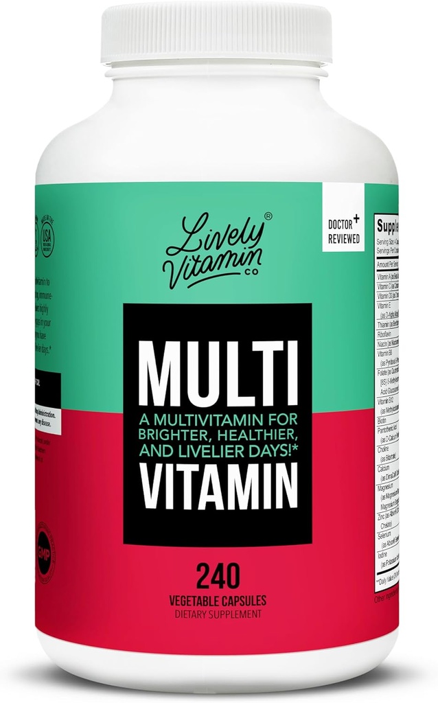 LIVELY VITAMIN CO. 多维他命 - 37 维生素矿物和提取 - 能量 - 记忆 - 免疫功能 - 心脏 - 大脑 - 焦点 - Mood - 抗氧化剂 - 奶油Gluten Soy Free - 240 蔬菜卡普尔