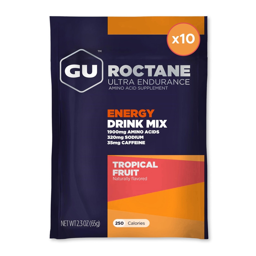 GU 能源 Roctane 超耐力能量饮料混合,Vegan,Gluten-Free,Kosher,35mg of Cafeine,以及乳品-免费n-the-Go能源用于任何工作,10个单服务包,热带水果